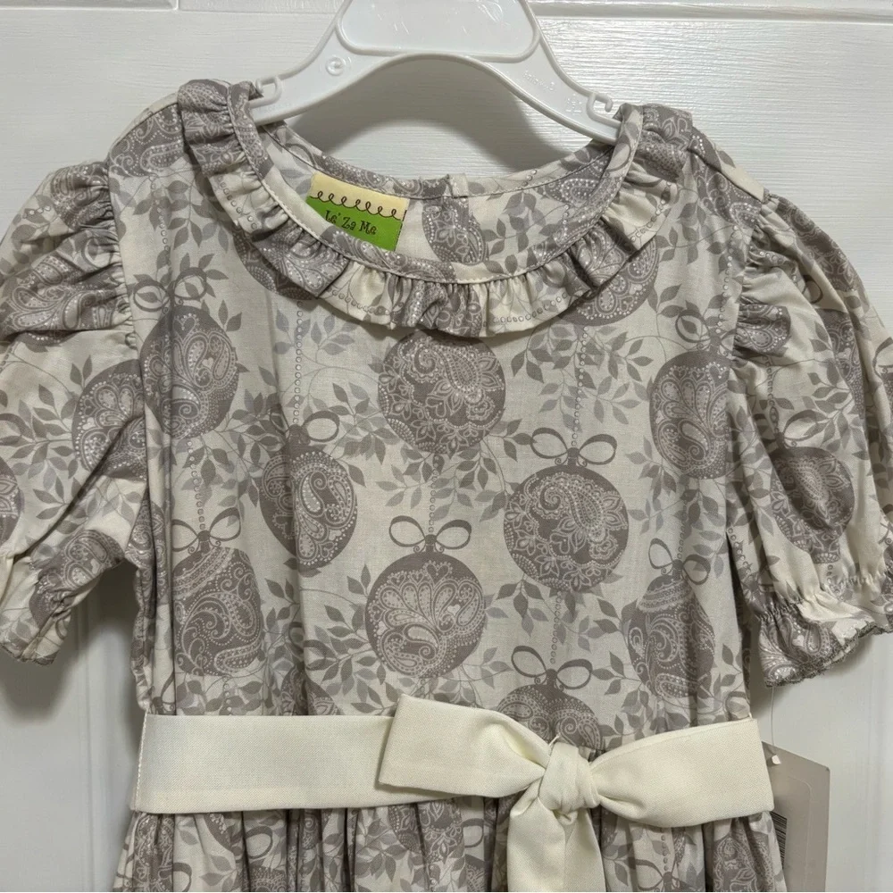 Le’ Za Me Girls Glisten Dress 6X Beige Taupe Holiday Bow Puff Sleeve NWT